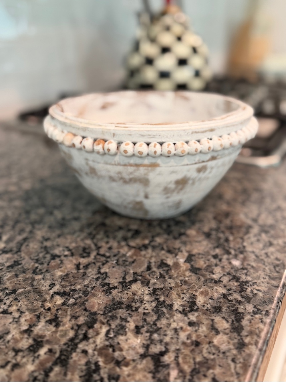Handcrafted White Distressed Decorative wooden Bowl with Bead Trim NEW